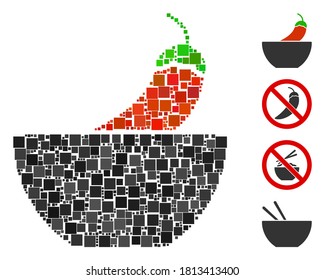 Mosaic Spicy food icon constructed from square elements in different sizes and color hues. Vector square elements are arranged into abstract mosaic spicy food icon. Bonus pictograms are added.