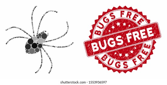 Mosaic spider and corroded stamp seal with Bugs Free caption. Mosaic vector is formed with spider icon and with random round elements. Bugs Free stamp seal uses red color, and grunged texture.