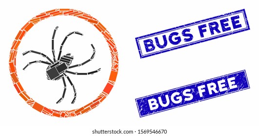 Mosaic spider icon and rectangle seal stamps. Flat vector spider mosaic icon of random rotated rectangle items. Blue caption rubber seals with grunge surface.