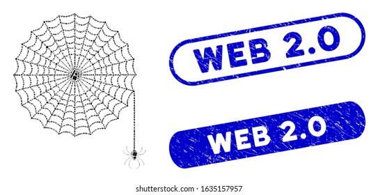 Mosaic spider net and grunge stamp watermarks with Web 2.0 text. Mosaic vector spider net is designed with randomized rectangle items. Web 2.0 stamp seals use blue color,