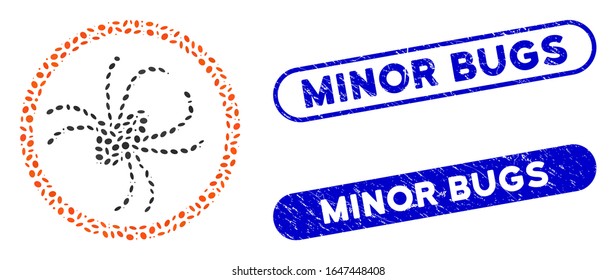 Mosaic spider and rubber stamp seals with Minor Bugs text. Mosaic vector spider is formed with scattered oval elements. Minor Bugs stamp seals use blue color, and have round rectangle shape.