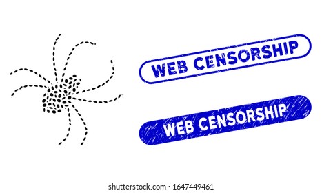 Mosaic spider and rubber stamp seals with Web Censorship phrase. Mosaic vector spider is formed with random ellipse parts. Web Censorship stamp seals use blue color, and have round rectangle shape.