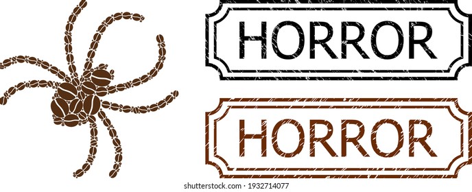 Mosaic spider united from cacao seeds, and grunge Horror rectangle seals with notches. Vector coffee parts are organized into abstract mosaic spider icon with brown color.