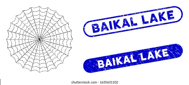 Mosaic spider web and corroded stamp seals with Baikal Lake caption. Mosaic vector spider web is designed with random rectangle items. Baikal Lake seals use blue color, and have round rectangle shape.