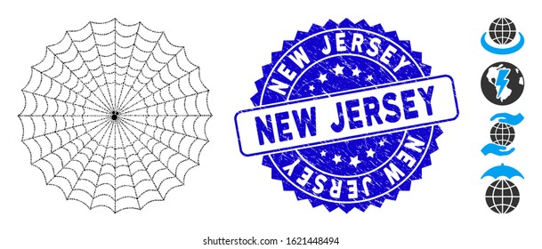 Mosaic spider web icon and grunge stamp seal with New Jersey phrase. Mosaic vector is created with spider web icon and with randomized spheric spots. New Jersey stamp uses blue color,