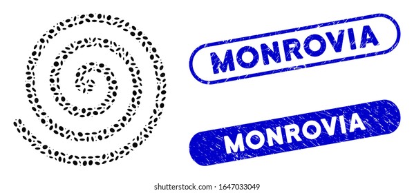 Mosaic spiral and corroded stamp seals with Monrovia phrase. Mosaic vector spiral is created with scattered ellipse parts. Monrovia stamp seals use blue color, and have round rectangle shape.