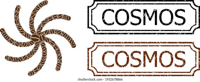 Mosaic spiral galaxy composed of coffee seeds, and grunge Cosmos rectangle stamps with notches. Vector coffee elements are united into abstract mosaic spiral galaxy icon with brown color.