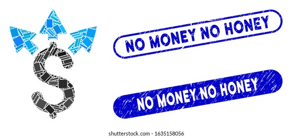 Mosaic split payment and distressed stamp seals with No Money No Honey caption. Mosaic vector split payment is composed with random rectangles. No Money No Honey stamp seals use blue color,