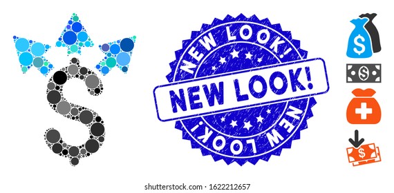 Mosaic Split Payment Icon And Grunge Stamp Watermark With New Look! Phrase. Mosaic Vector Is Created With Split Payment Icon And With Randomized Spheric Elements. New Look! Stamp Seal Uses Blue Color,