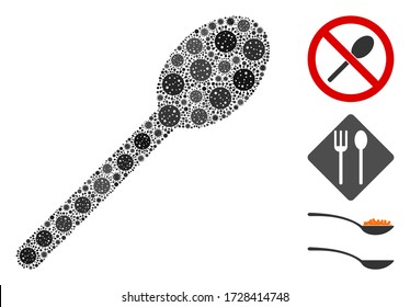 Mosaic spoon organized from flu virus icons in random sizes and color hues. Vector viral icons are combined into abstract mosaic spoon icon. Some bonus icons are added.
