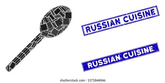Mosaic spoon pictogram and rectangular Russian Cuisine seals. Flat vector spoon mosaic pictogram of scattered rotated rectangular elements. Blue Russian Cuisine seals with grunge textures.