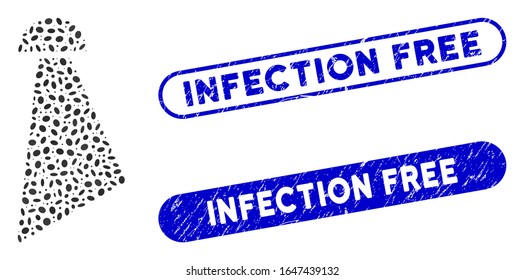 Mosaic spray and grunge stamp seals with Infection Free text. Mosaic vector spray is composed with randomized oval pieces. Infection Free stamp seals use blue color, and have round rectangle shape.