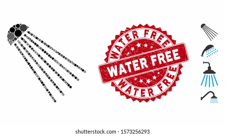 Mosaic spray source icon and grunge stamp seal with Water Free caption. Mosaic vector is created from spray source pictogram and with scattered round spots. Water Free stamp seal uses red color,