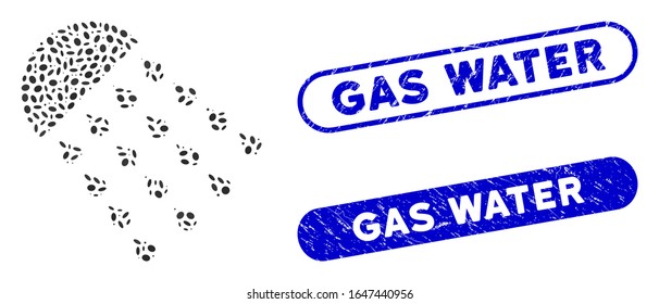 Mosaic spray stream and rubber stamp seals with Gas Water phrase. Mosaic vector spray stream is designed with randomized ellipse items. Gas Water stamp seals use blue color,
