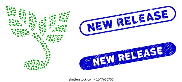 Mosaic sprout and corroded stamp watermarks with New Release caption. Mosaic vector sprout is composed with scattered ellipse dots. New Release stamp seals use blue color,