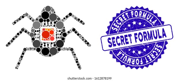 Mosaic spy bug icon and distressed stamp watermark with Secret Formula phrase. Mosaic vector is formed with spy bug icon and with randomized spheric spots. Secret Formula stamp seal uses blue color,
