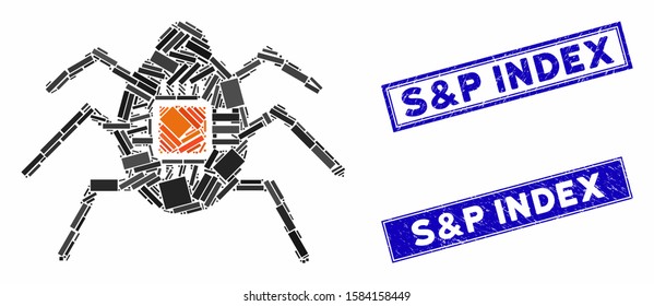 Mosaic spy bug icon and rectangular S&P Index seal stamps. Flat vector spy bug mosaic icon of randomized rotated rectangle items. Blue S&P Index seal stamps with grunge texture.