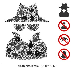 Mosaic spy composed of flu virus items in random sizes and color hues. Vector viral items are arranged into abstract mosaic spy icon. Some bonus icons are added.