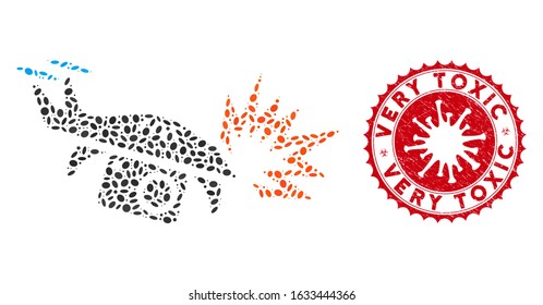 Mosaic spy drone explosion icon and red round distressed stamp seal with Very Toxic text and coronavirus symbol.