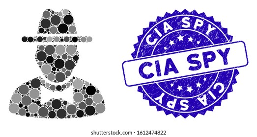 Mosaic spy icon and corroded stamp seal with CIA Spy text. Mosaic vector is composed with spy icon and with randomized circle elements. CIA Spy stamp seal uses blue color, and rubber surface.