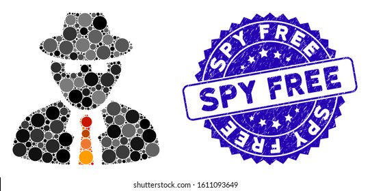 Mosaic spy icon and rubber stamp watermark with Spy Free text. Mosaic vector is created with spy icon and with random circle items. Spy Free stamp seal uses blue color, and rubber design.