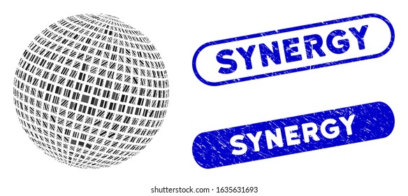 Mosaic square dotted abstract sphere and grunge stamp seals with Synergy caption. Mosaic vector square dotted abstract sphere is formed with random rectangle items. Synergy stamp seals use blue color,