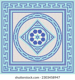 Mosaic square ornament in blue and cyan colors. For ceramics, tiles, ornaments, backgrounds and other projects.