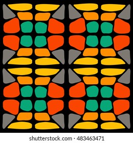 Mosaic square ornament on black background. Design element for textile, ceramic tile, paper napkin. Ethnic ornament.