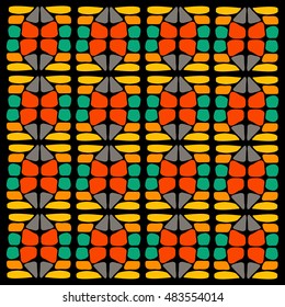 Mosaic square ornament on black background. Design element for textile, ceramic tile, paper napkin. Ethnic ornament.