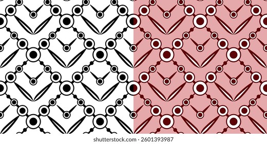 Mosaic square tile of black circles and petals. Monochrome abstract geometric seamless pattern. Complicated texture black and white background. Clear strict ornament for web, textile, etc.