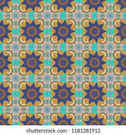 A mosaic of squares in blue, yellow and violet colors. Modern stylish vector colorful texture. Seamless pattern abstract background with random size squares.