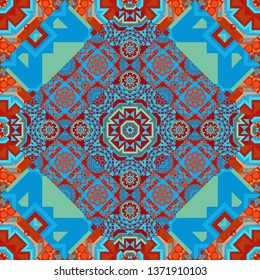 A mosaic of squares in red, blue and orange colors. Seamless pattern abstract background with random size squares. Modern stylish vector colorful texture.