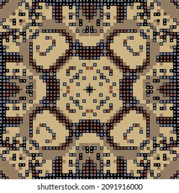 Mosaic squares seamless pattern. Geometric ornamental digital background. Checkered repeat grid backdrop. Tribal ethnic abstract ornament. Embroidery style colorful design. Endless texture.