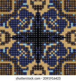 Mosaic squares seamless pattern. Geometric ornamental digital background. Checkered repeat grid backdrop. Tribal ethnic abstract ornament. Geometrical colorful design. Endless texture.