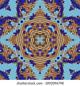 Mosaic squares seamless pattern. Geometric ornamental digital background. Checkered repeat grid backdrop. Tribal ethnic abstract radial ornaments. Embroidery style colorful design. Endless texture.