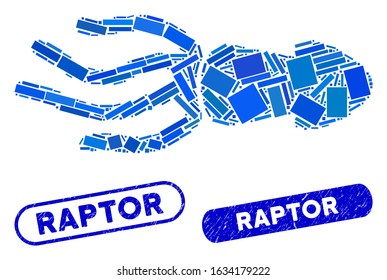 Mosaic squid and corroded stamp seals with Raptor caption. Mosaic vector squid is formed with scattered rectangles. Raptor stamp seals use blue color, and have round rectangle shape.