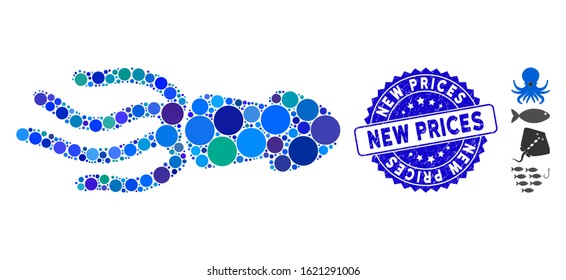 Mosaic squid icon and distressed stamp seal with New Prices phrase. Mosaic vector is formed with squid icon and with randomized round spots. New Prices stamp seal uses blue color, and distress design.