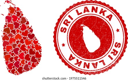 Mosaic Sri Lanka map created with red love hearts, and rubber seal. Vector lovely round red rubber seal imitation with Sri Lanka map inside.