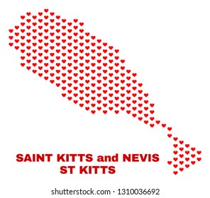 Mosaic St Kitts Island map of love hearts in red color isolated on a white background. Regular red heart pattern in shape of St Kitts Island map. Abstract design for Valentine illustrations.