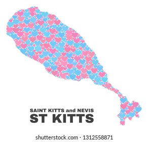 Mosaic St Kitts Island map of love hearts in pink and blue colors isolated on a white background. Lovely heart collage in shape of St Kitts Island map. Abstract design for Valentine illustrations.