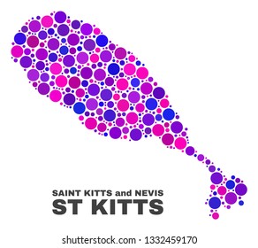 Mosaic St Kitts Island map isolated on a white background. Vector geographic abstraction in pink and violet colors. Mosaic of St Kitts Island map combined of random round dots.