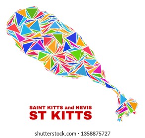 Mosaic St Kitts Island map of triangles in bright colors isolated on a white background. Triangular collage in shape of St Kitts Island map. Abstract design for patriotic decoration.
