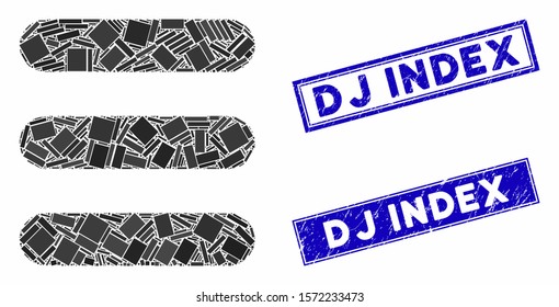 Mosaic stack pictogram and rectangle Dj Index rubber prints. Flat vector stack mosaic icon of scattered rotated rectangle items. Blue Dj Index stamp imprints with rubber texture.