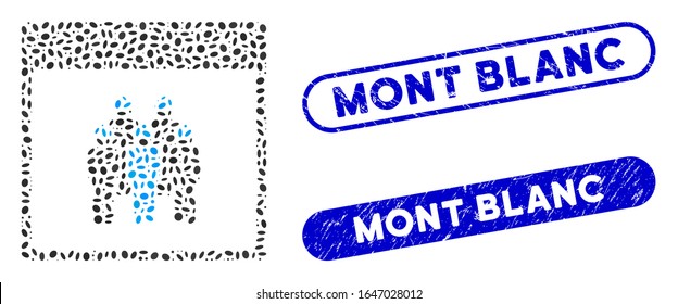 Mosaic staff calendar page and corroded stamp seals with Mont Blanc text. Mosaic vector staff calendar page is designed with scattered elliptic dots. Mont Blanc stamp seals use blue color,