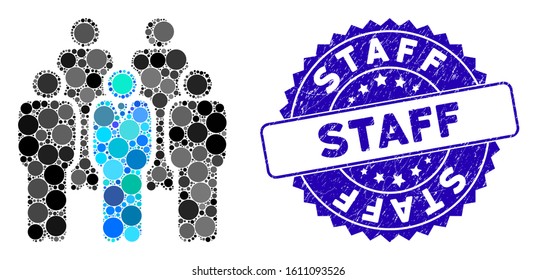 Mosaic staff icon and grunge stamp watermark with Staff phrase. Mosaic vector is designed with staff icon and with scattered circle elements. Staff seal uses blue color, and grunge design.