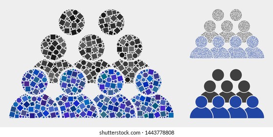 Mosaic Staff icon organized from spheric and square items in variable sizes, positions and proportions. Vector circle and square spots are organized into abstract mosaic staff icons.