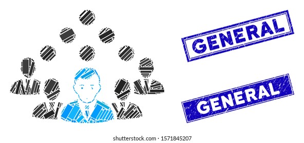 Mosaic staff team pictogram and rectangular General seal stamps. Flat vector staff team mosaic pictogram of randomized rotated rectangular elements. Blue General seal stamps with grunge textures.
