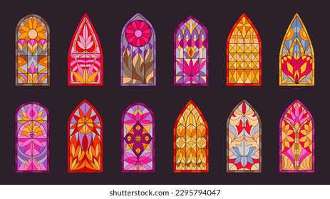 Mosaic stained glass windows. Church arch windows, decorative stained glasses flat vector illustration set