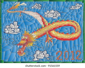 Mosaic( stained-glass window) from gold dragon(symbol of new year) in sky.