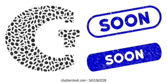 Mosaic standard and distressed stamp seals with Soon phrase. Mosaic vector standard is designed with random oval dots. Soon stamp seals use blue color, and have rounded rectangle shape.